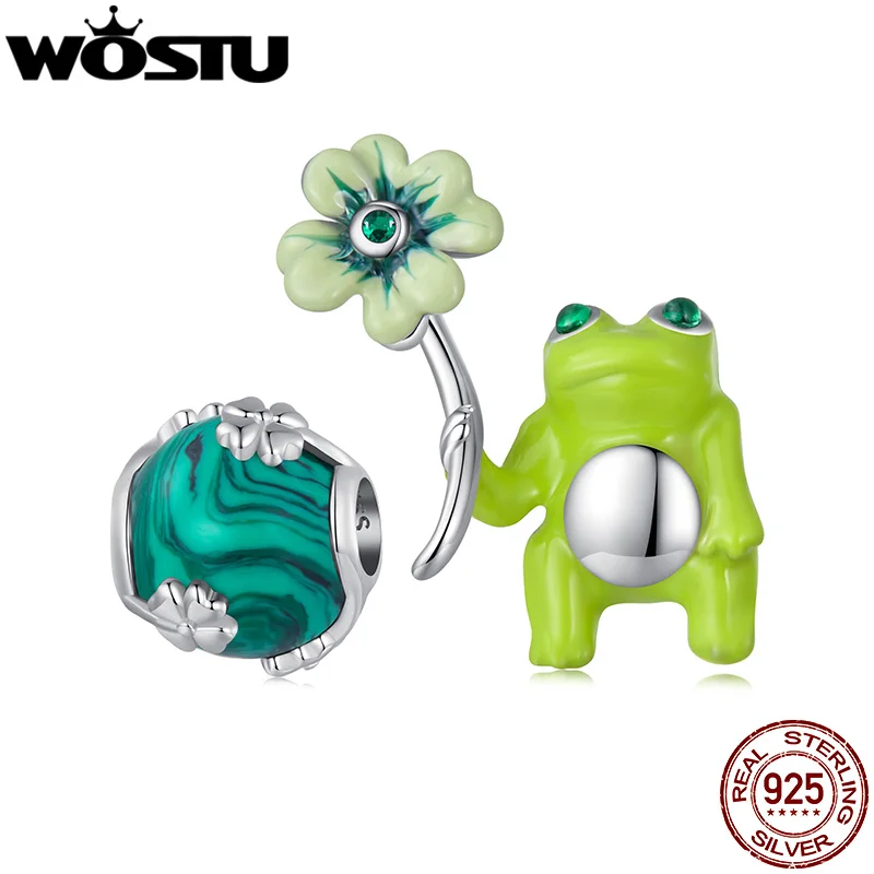 

WOSTU 925 Sterling Silver Lucky Clover Frog Charms Green Malachite Beads Fit Original Bracelet DIY Necklace Jewelry Making Gift