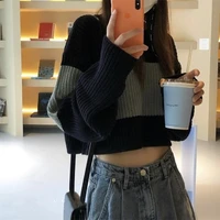 women fall short o neck sweaters pullovers all match patchwork jumpers retro female soft sexy loose knitted streetwear sweet
