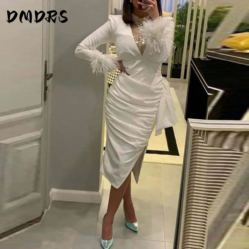 

Simple O-Neck Long Sleeve Feather Pleated Sheath Slit Tea Length Ivory Prom Dresses For Women High Qulaity Custom Made