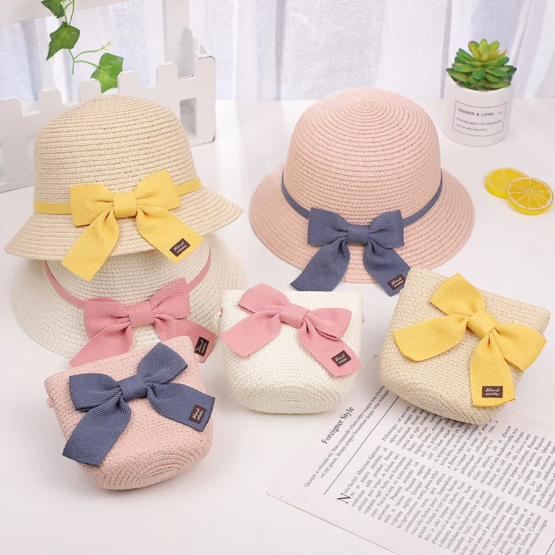 

2022 Summer Girl Straw Weave Sun Hat Backpack New Children's Cute Coin Purse Baby Beach Caps Bow Tie Headgear Sandy Beach