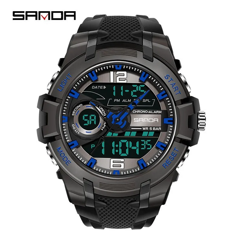 Фото SANDA 6015 Спортивные кварцевые часы для мужчин, электронные цифровые наручные часы с двойным LED-дисплеем, водонепроницаемые, ударопрочные, в стиле милитари №1