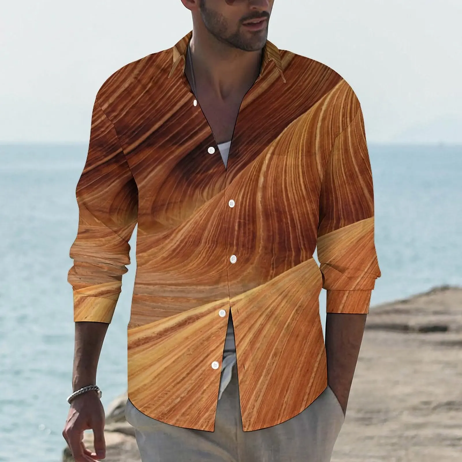 

Desert Sands Shirt Male Sahara Print Casual Shirts Autumn Aesthetic Graphic Blouses Long Sleeve Fashion Oversized Clothing Gift