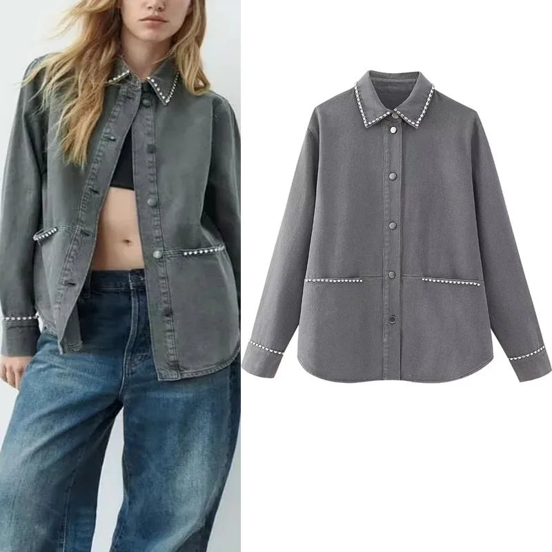 TRAF Women Gray Oversized Rhinestone Overshirt Chic Lapel Collar Long Sleeves Tops Female Pockets Front Button Up Coats Commuter