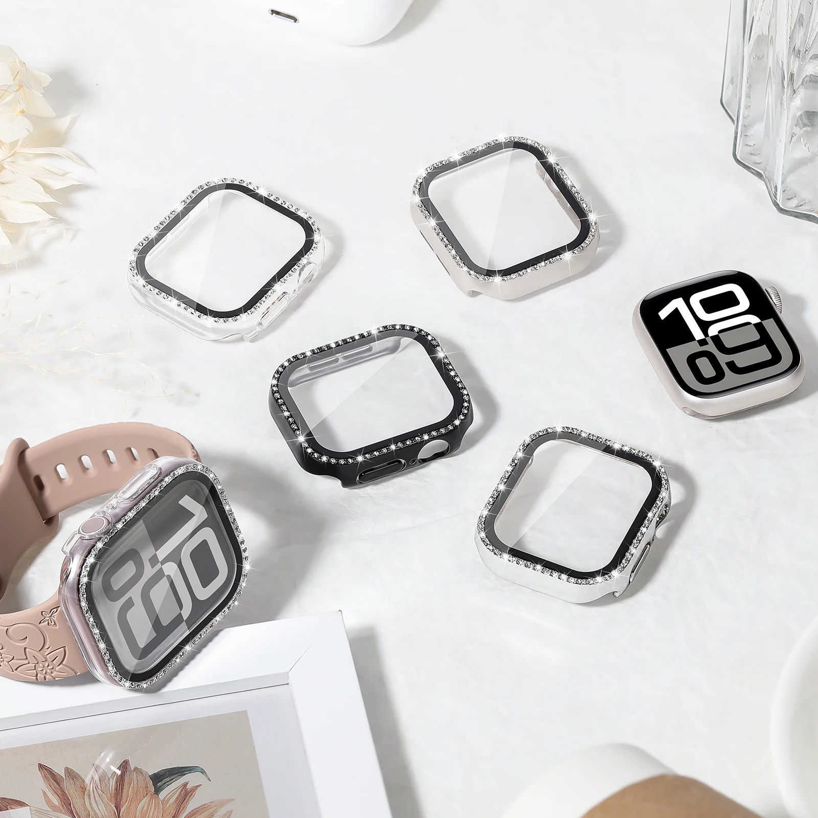 Чехол для ПК со стеклом и бриллиантами Apple Watch 10 46 мм 42 аксессуары HD закаленная