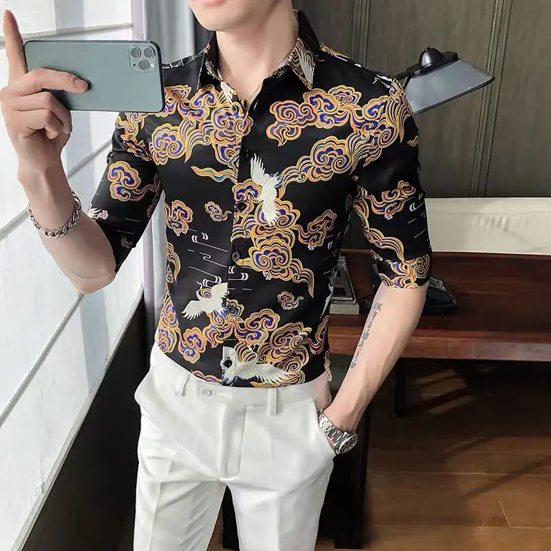Spring and summer slim flying crane printed short sleeve shirt men's high sense seven sleeve Korean casual handsome shirt