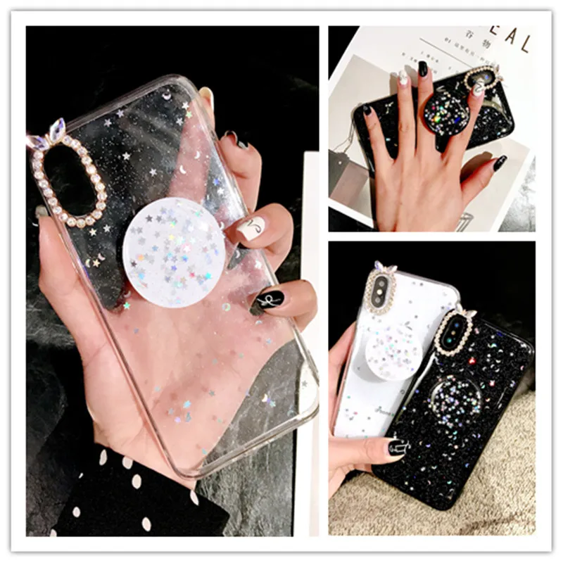 

With Folding Bracket Transparent Glitter TPU Soft Shell Cover For iPhone 13 12 11 Pro XS MAX XR X 8 7 6 Plus Silicone Phone Case