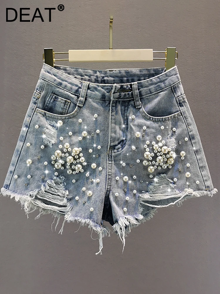 

DEAT Women's Denim Shorts High Waist Embroidered Flares Hollow Out Distressed Pearls Short Pants 2023 Summer New Fashion 29L2378