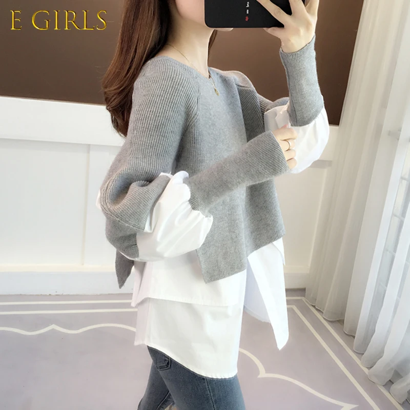 E GIRLS Korean Chic Patchwork Sweater Women Autumn Winter Fake Two Piece Pullover Knitted Sweaters Female Jumper Pull Femme