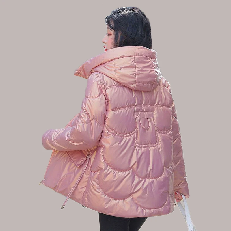 Hooded Loose Cotton Padded Puffer Jacket Winter Warm Thicken Women Short Parkas Korean Glossy Long Sleeve Windproof Outwear