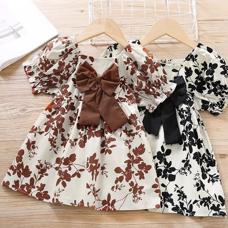 

Hibobi Sweet Summer Dress Princess Dress Cute Baby Skirt Toddler Girl Floral Print Bow Decor A-line Dress