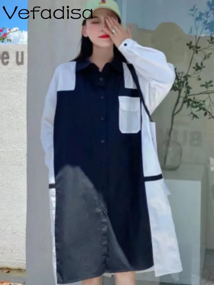 

Vefadisa 2023 Spring Autumn Trend Color Contrast Stitching Loose Long Sleeved Shirt Dress Female Causal Panelled Dress LWL073