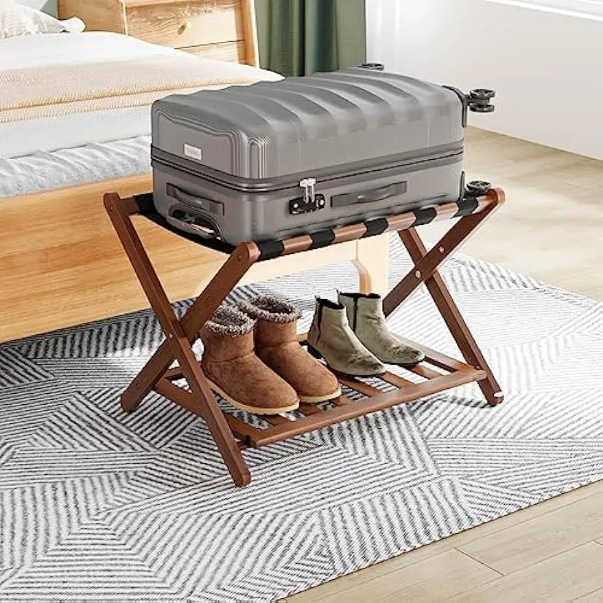 Fully Assembled Walnut Luggage Rack, Upgraded Bamboo Foldable Suitcase Stand with 5 Nylon Straps