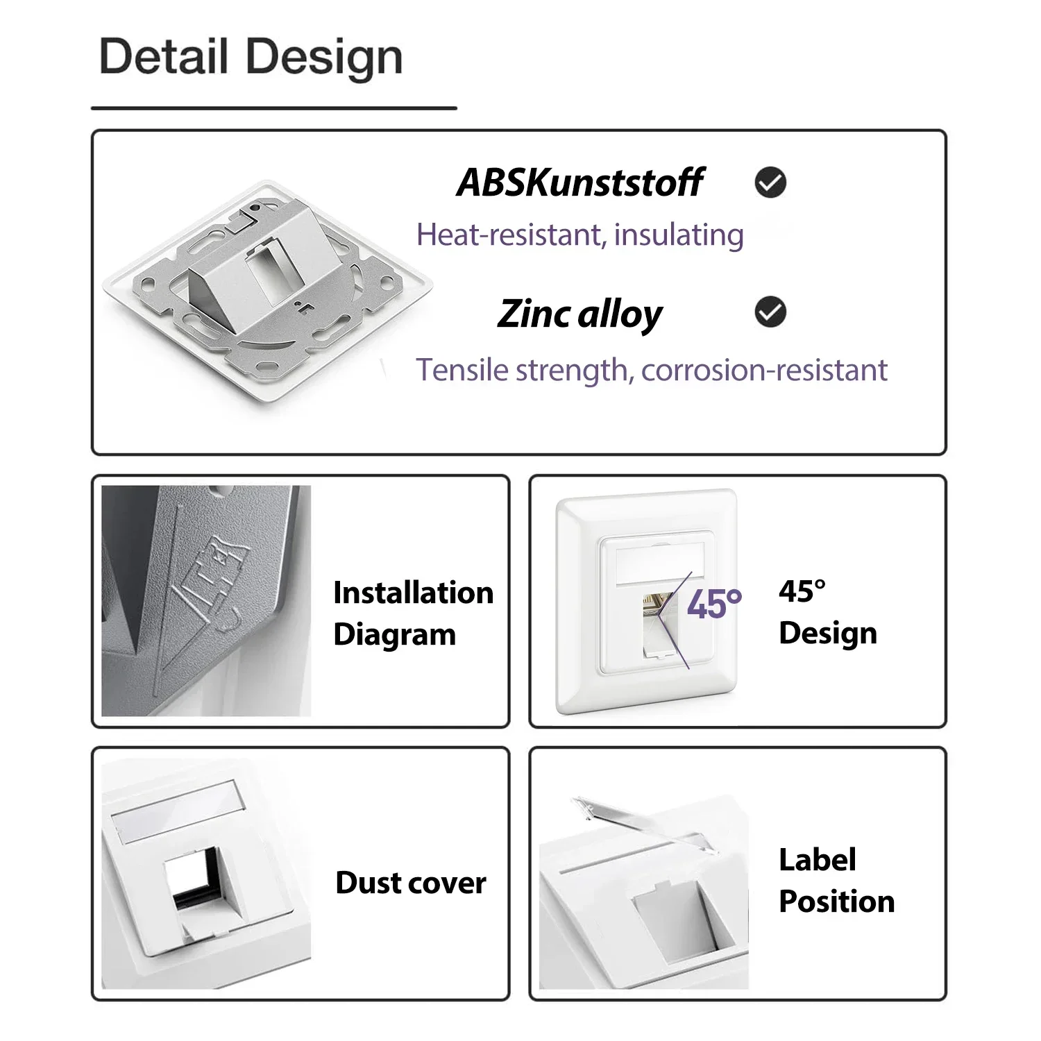 Фото Сетевая розетка ZoeRax 1-портовая, встраиваемая, RJ45 Ethernet, с полностью экранированными разъемами Keystone RJ45 CAT8 CAT7 CAT6A №3