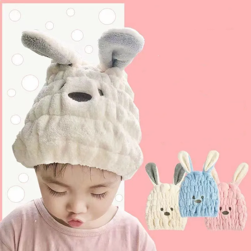 Cute Cartoon Rabbit Ear Shower Cap for Kids Baby Boys Girls Hair Towel Water Absorption Rapid Drying Towel for 2-5 Years Old