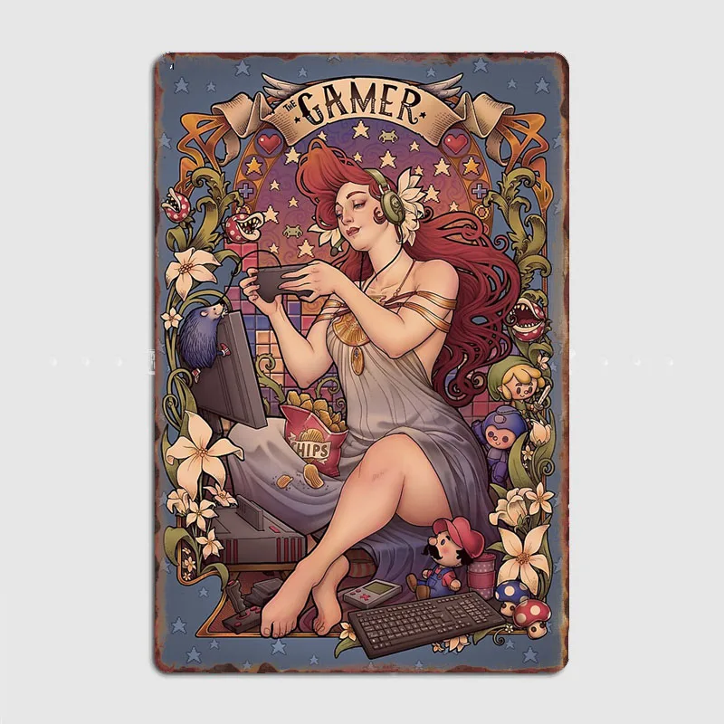 

Gamer girl Nouveau Metal Sign Poster Garage Decoration Room Wall Decor Cinema Living Custom Tin Vintage Home Decoration