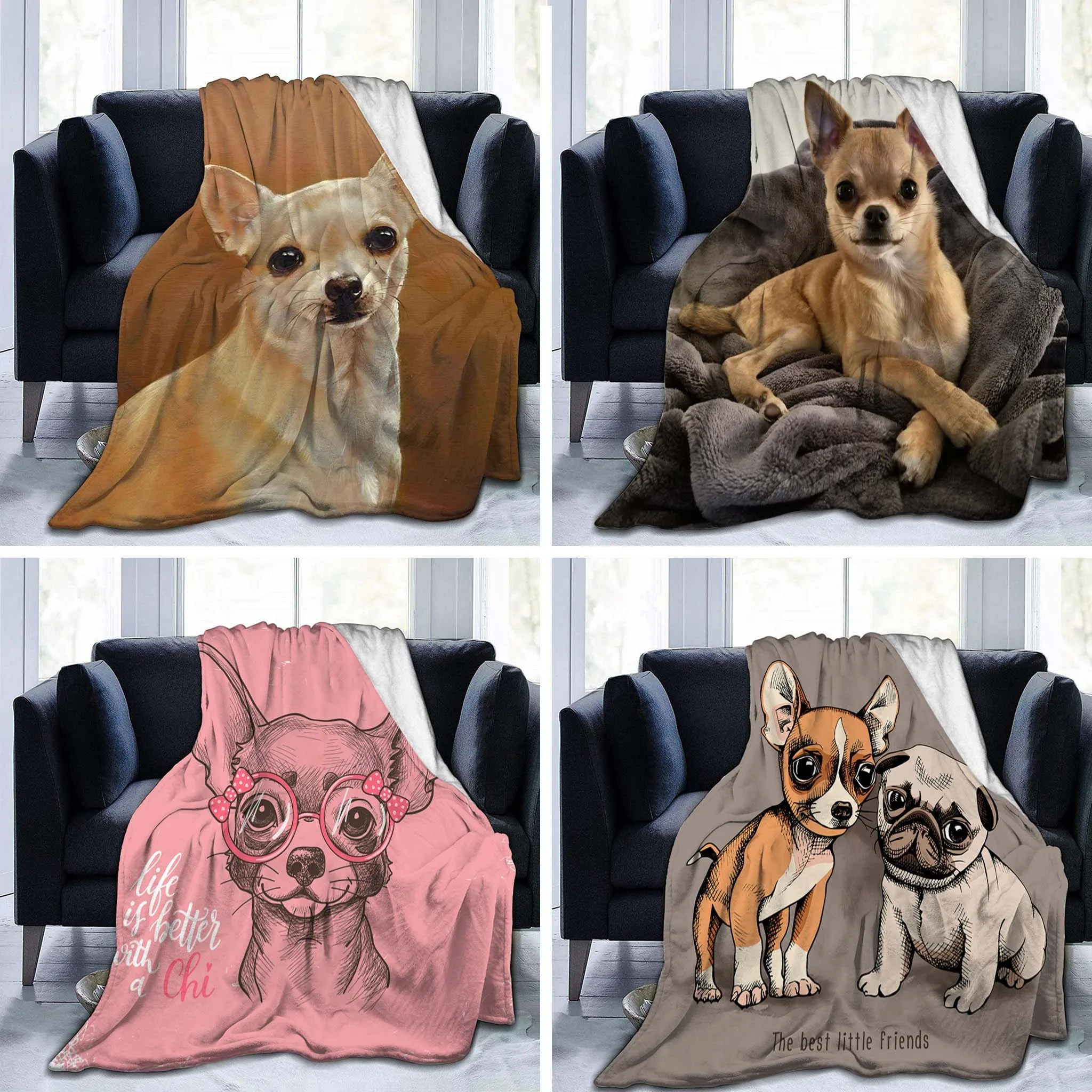 

3D Print Cute Chihuahua Dog Blanket Soft Sofa Cover Throw Blanket Fleece Tapestry Lightweight Warm Bed Blankets for Bedroom Couc