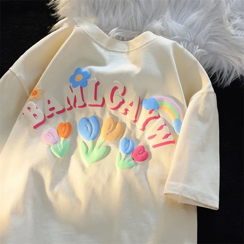 

American Style Cotton Trendy Brand Colorful Flower Print. T-shirt Short Sleeved WomenLoose and Versatile Casual Cute Top Summer