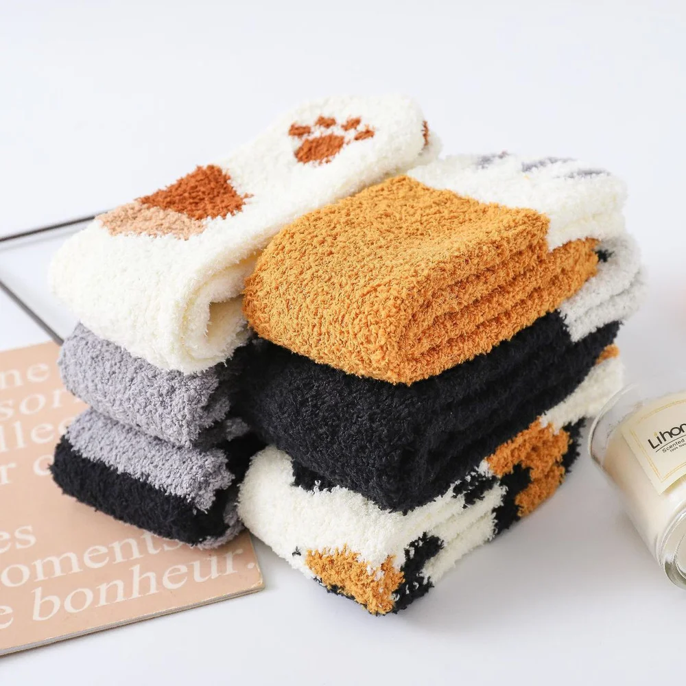 6 Pairs New Home Coral Fleece Socks Footprint Cat Paw Leopard Stripe Sleepping Socks Thickened Warm Winter Fleece Women Socks