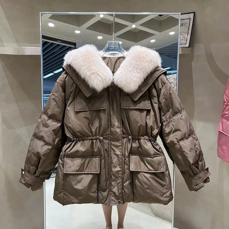 Большая зимняя куртка из натурального Лисьего меха 90% пуховое пальто белой утки