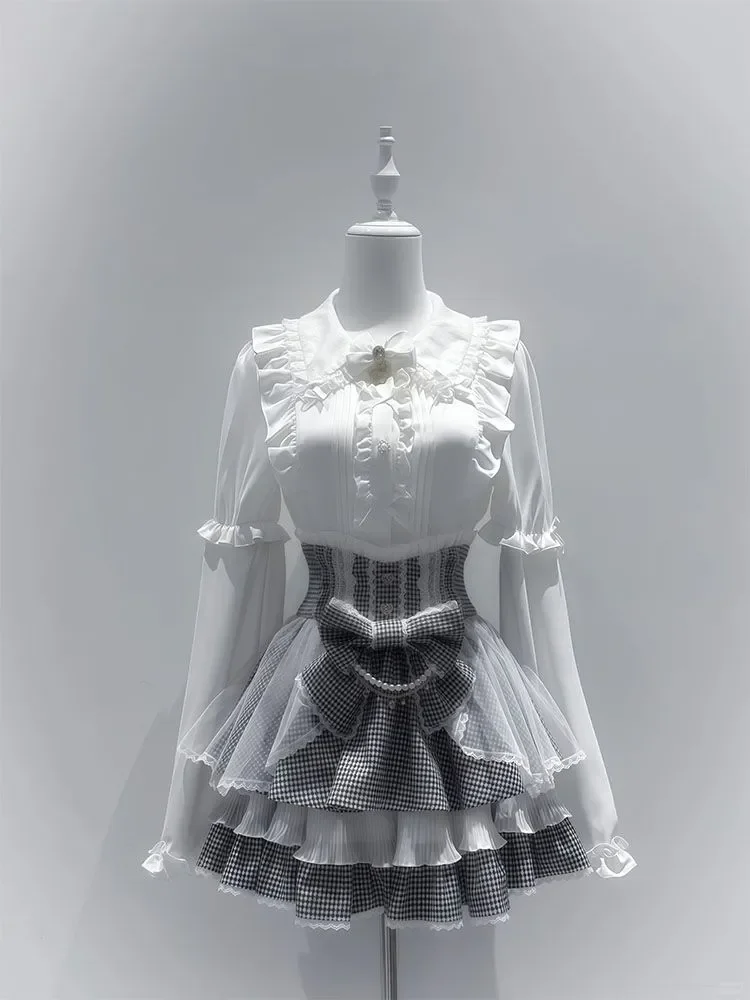 Японский комплект в стиле Sweet Chic Lolita из 2 предметов: женская блузка с кружевом и большим бантом + юбка А-силуэта в клетку с высокой талией, винтажный кавайный модный наряд (art.: 3920d90023442) - 3920d90023442
