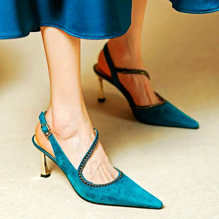 

Elegant Party Pumps Women Suede Leather Pointed Toe Slim Kitten Heel Sandals Wedding Evening Shoe Ankle Strap Slingback Sexy