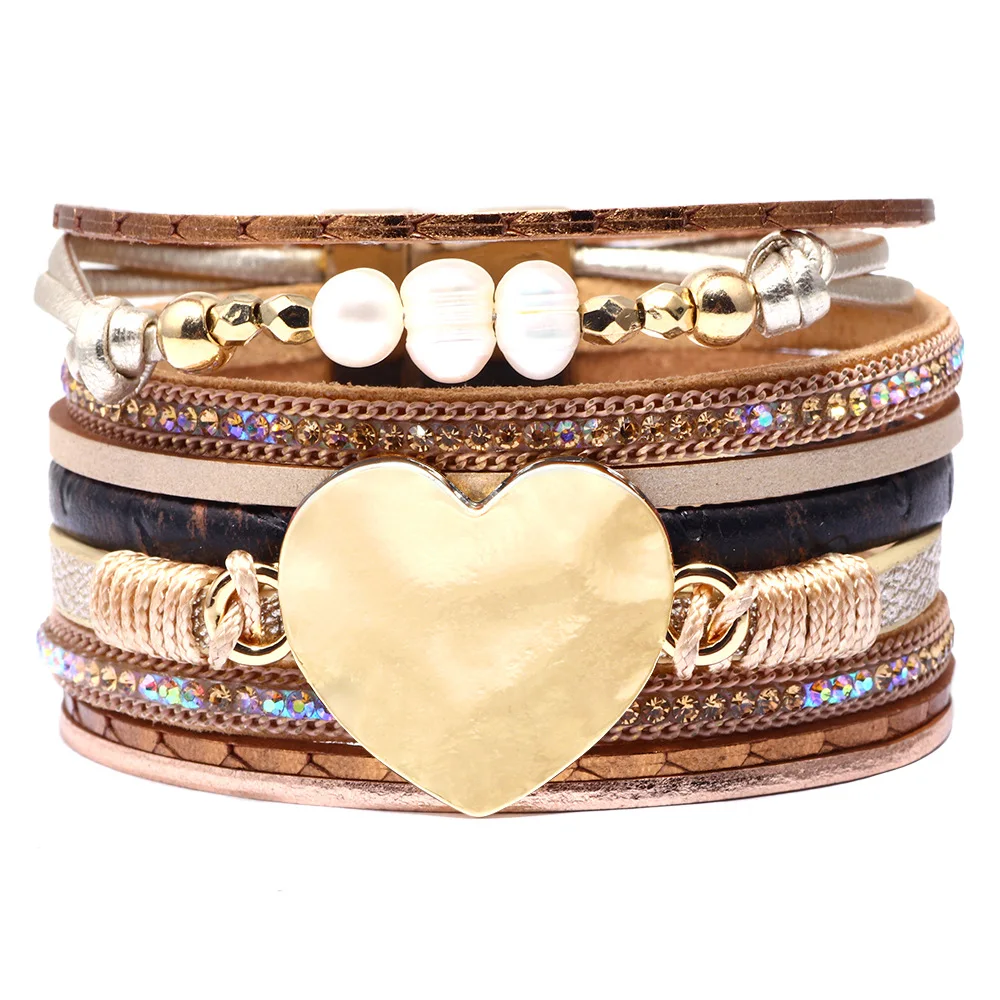 

Charmsmic Shiny Heart Shape Sequin Pearl Bracelets For Women Multilayer Metal Clasp Handmade Female Wristband Jewelry Gifts