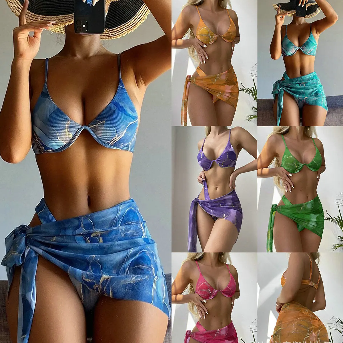 

Women's Bikinis Trend 2023 Women's Swimsuit Three-piece Printed Ins Pit Stripe Tie-dyed Bikini Bathing Suit YD03