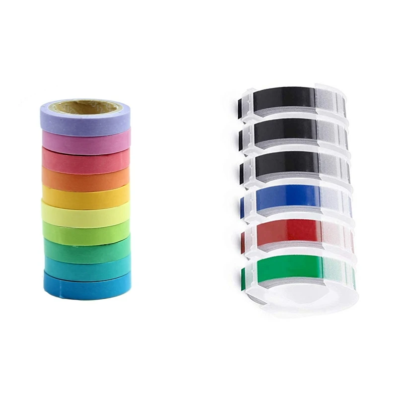 

10 Rolls Colorful Rainbow Sticky Paper Masking Adhesive Tape 5M X 0.7Cm & 6 Roll Embossing Label Maker Tape 9Mm X