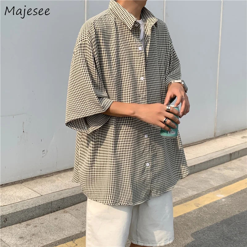 

Shirts Men Plaid Handsome Summer Loose Casual Korean Style BF Trendy All-match Thin Camisa Masculina Vetements Harajuku Fashion