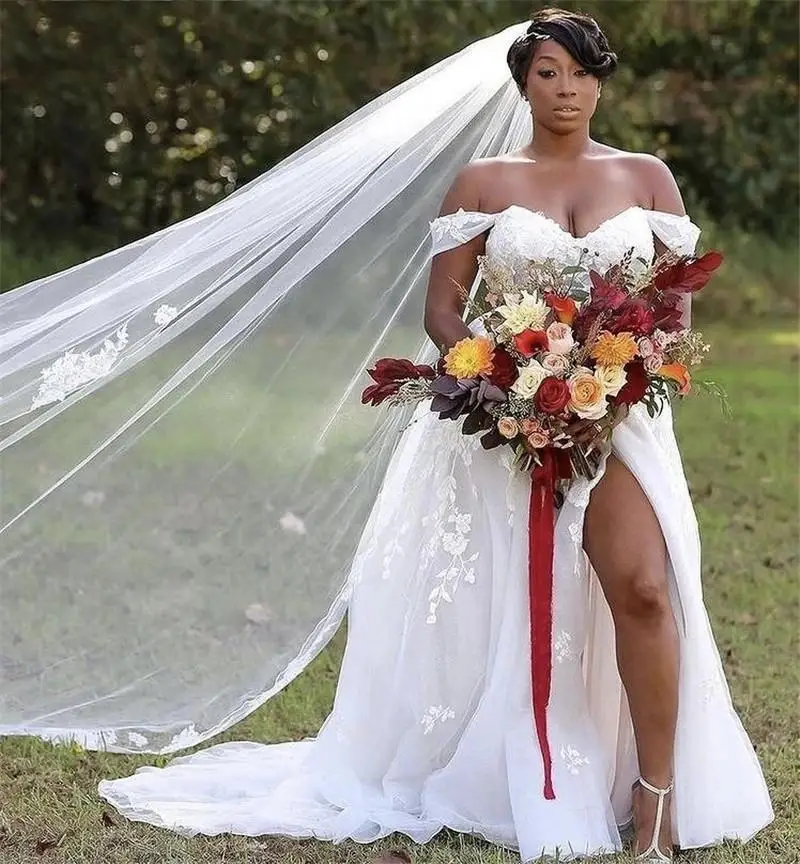 

Sexy A Line Split Garden Country Wedding Dresses Off Shoulder Appliques Ruched Tulle Long Bridal Gowns