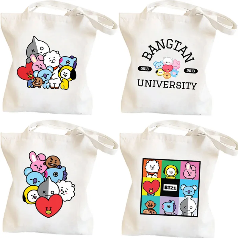 

K-Pop Bt21 Cartoon Canvas Bag Girls Large Capacity Class Book Backpack Bt21 Anime Star White Shoulder Handbag Shopping Bag Gift