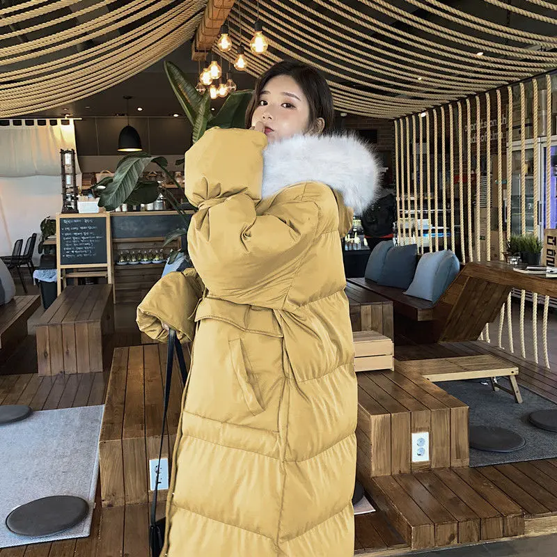 Winter New Long Down Cotton Coats Women Hooded Loose Solid Thick Warm Padded Jacket Female Clothing Fashion Blue Parkas Top Lady