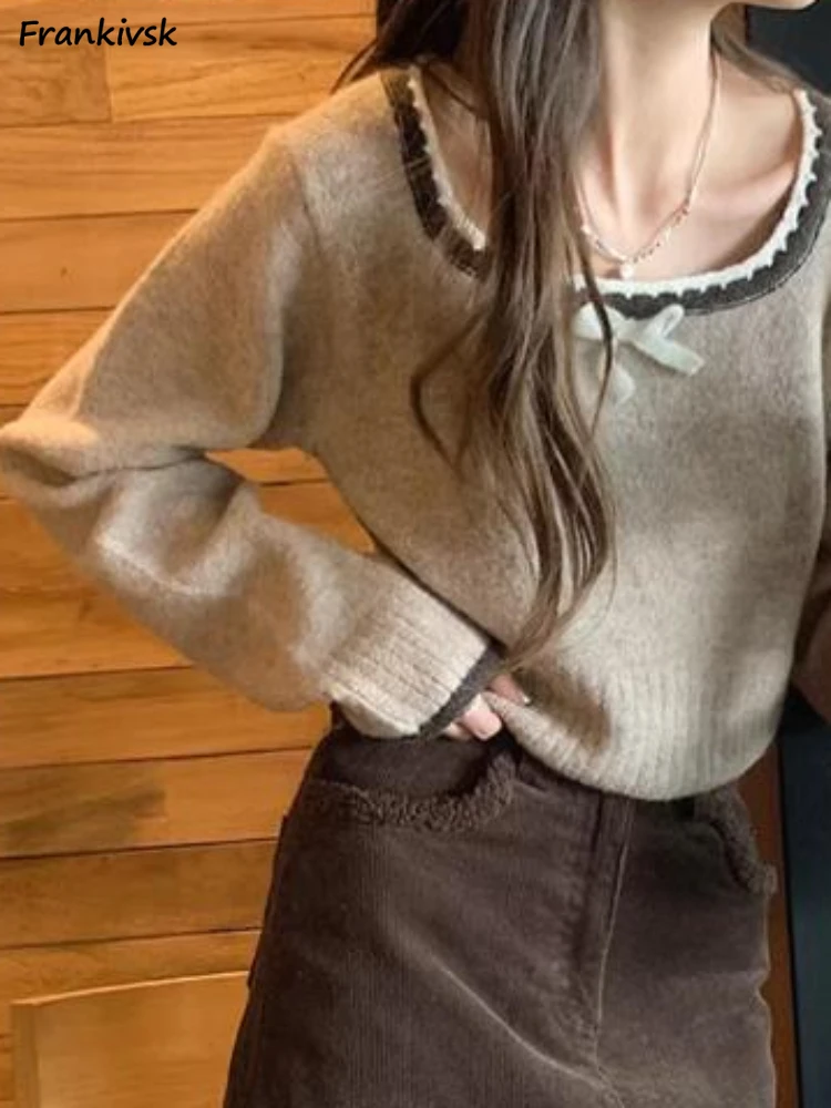 Свитера с квадратным воротником женские милые вставки бантом простой вязаный