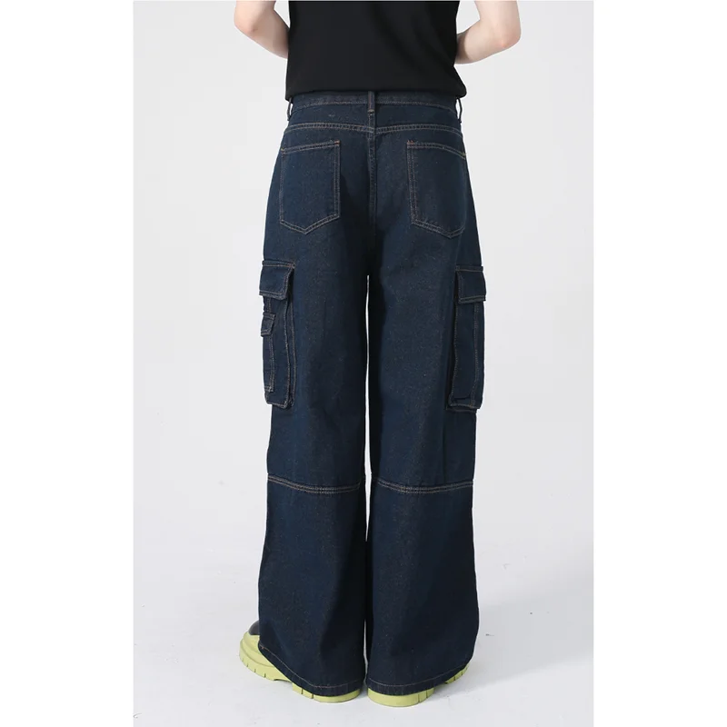 Streetwear Men 2022 Fashion New Pattern Vintage Recreational Big Pocket Jeans Loose Straight Cylinder Cargo Pants Autumn Female