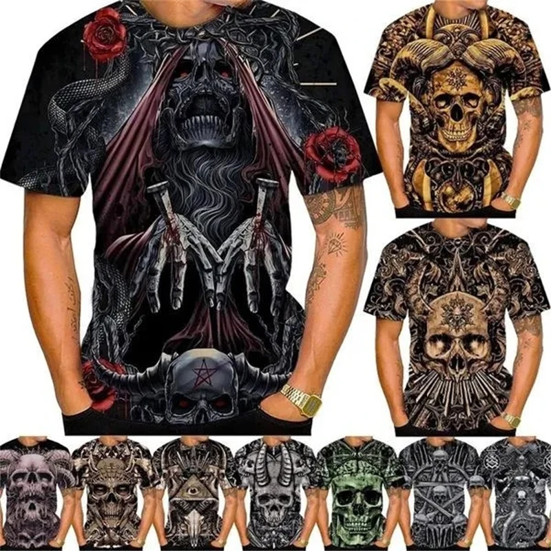 

Футболка мужская с коротким рукавом, модная Свободная рубашка с 3D-принтом черепа, в уличном стиле, лето