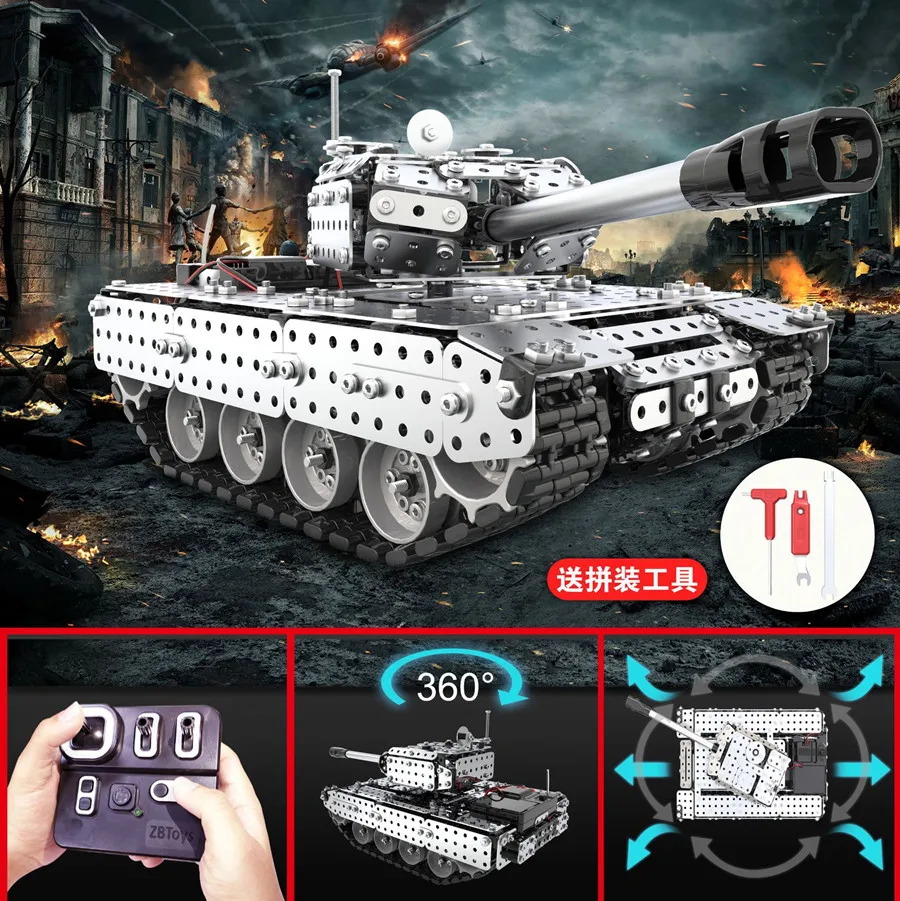950+pcs Metal Military Remote Control Main Battle Tank Soldier Police Building Block WWII Army Children DIY Toy Gift enlarge
