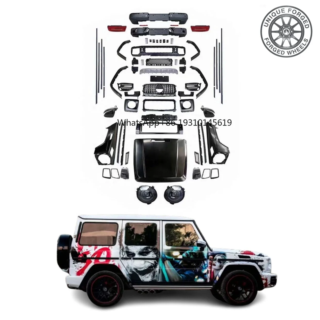 Фото Комплект обвеса YICKU из 26 элементов для Mercedes-Benz G-Class W463 из материала PP: передний сплиттер, задние бамперы, крылья, капот, парковочные датчики №1