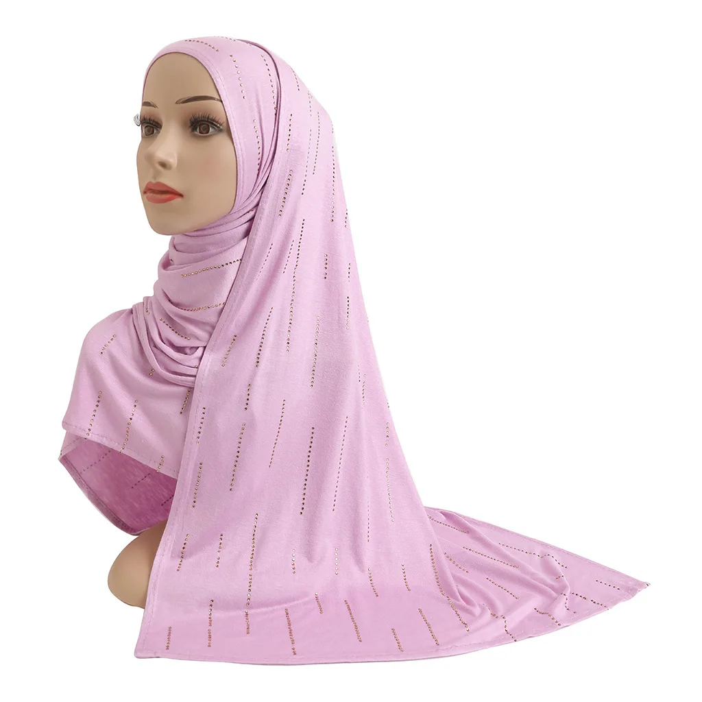 

H205 Cotton Jersey Muslim Long Scarf with Rhinestones Modal Headscarf Islamic Hijab Wear Arabic Rectangular Headwrap Lady Shawl