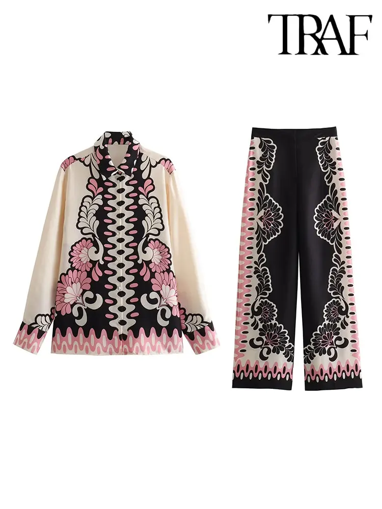 

TRAF Женский атласный комплект из 2 предметов, рубашка с цветочным принтом и брюки с широкими штанинами