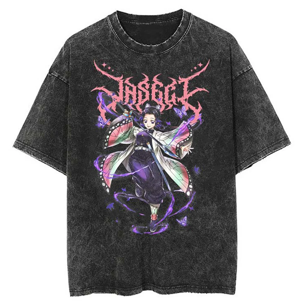 

Футболка мужская оверсайз с принтом, винтажная промытая уличная одежда в стиле хип-хоп, с изображением рассеянных демонов, Повседневный хлопковый топ с коротким рукавом, с аниме графическим принтом