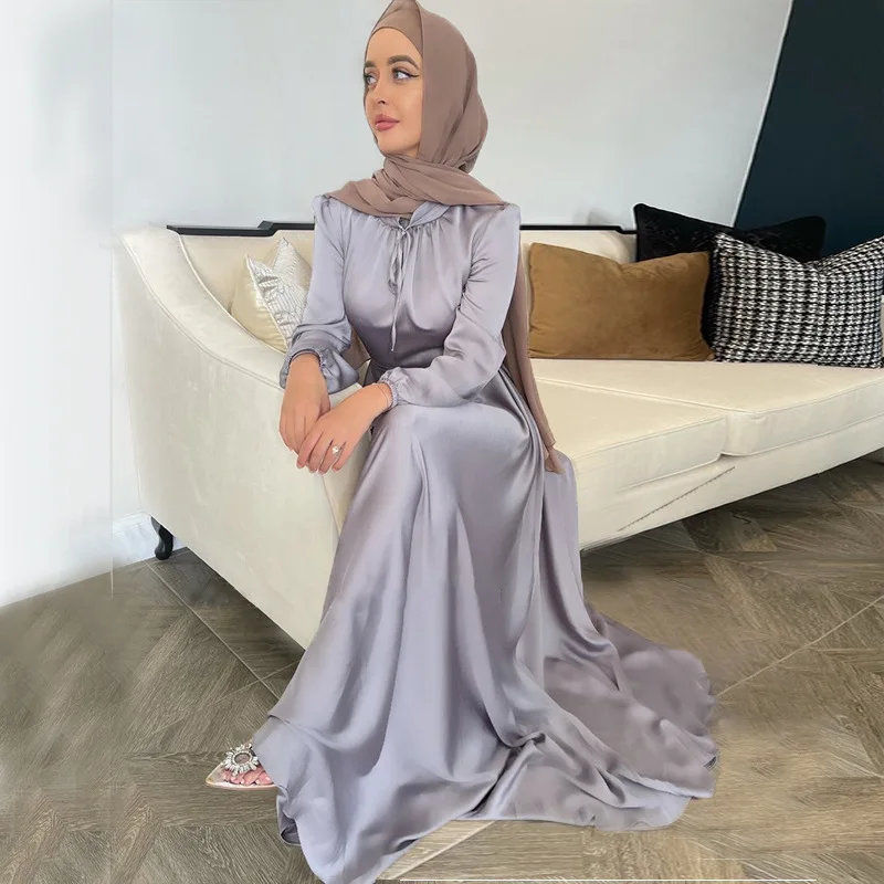Casual Solid Stain Belt Elegant Muslim Maxi Dresses for Women Dubai Turkey Fashion Long Dress Islamic Clothes Eid Abaya Kaftans