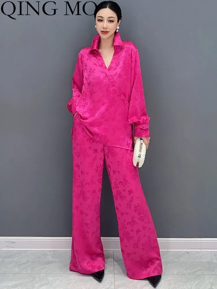 

QING MO 2023 Summer New Korean V-neck Top + Casual Wide Leg Pants Two Piece Set Women Panel Dark Flower Matching Set ZXF3109