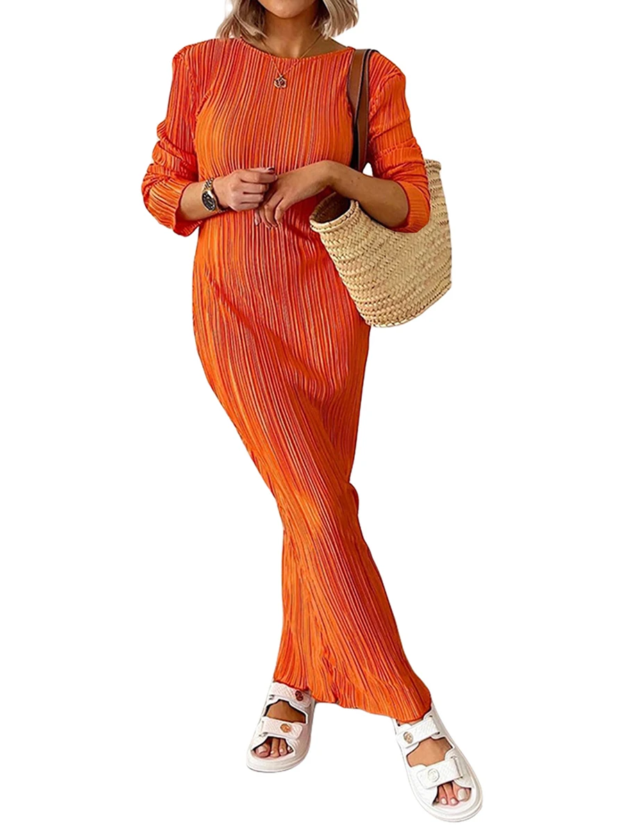

Women Pleated Slim Long Dress Long Sleeve Round Neck Elasticity Maxi Pencil Dress Vocation Beachwear