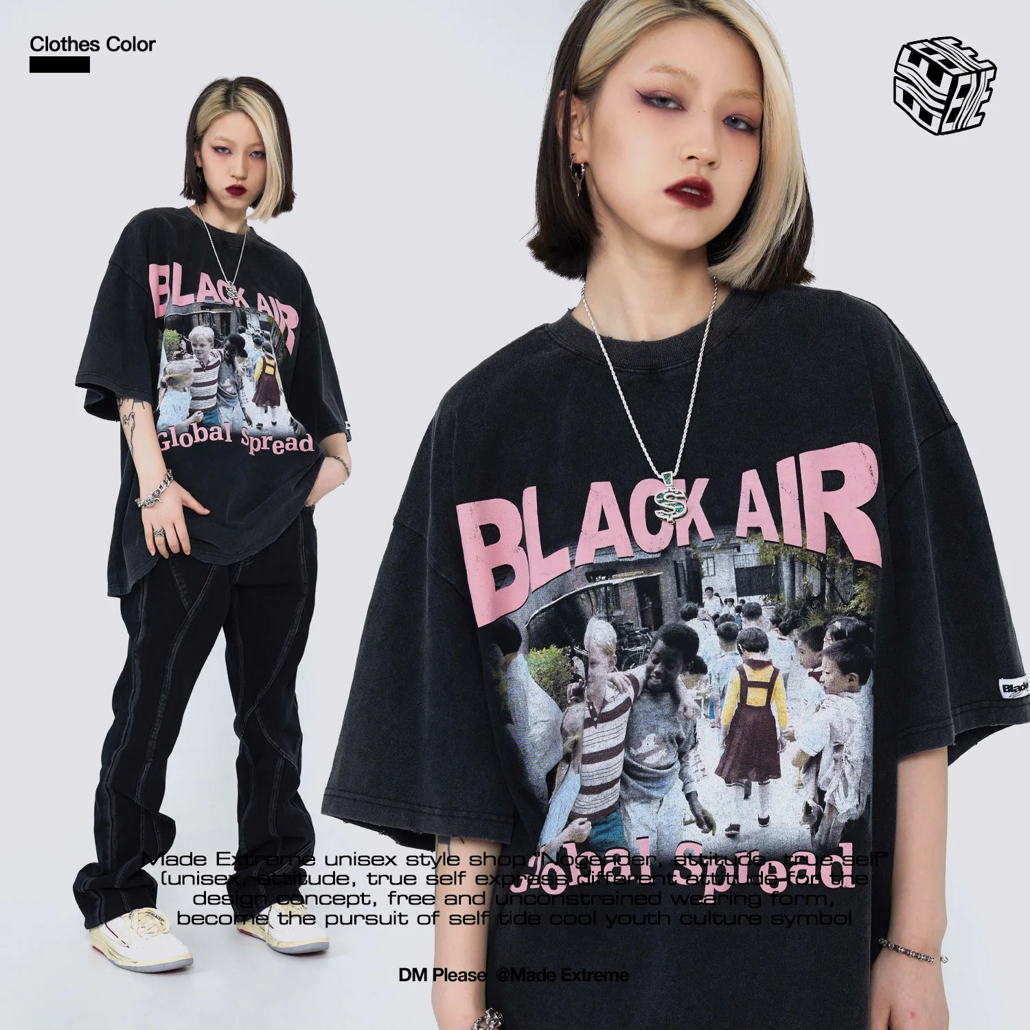 

BLACKAIR Summer character print street distressed t shirt men and women hip hop fashion casual short sleeve tshirt vintage tops