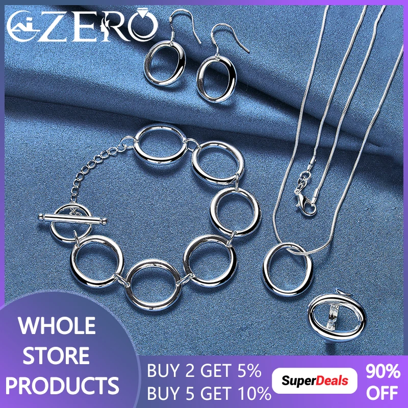 

Fashion 925 Silver Jewelry Set Elegant Circle O Earring Bracelet Rings Pendant Necklace For Women Wedding Accessories Party Gift