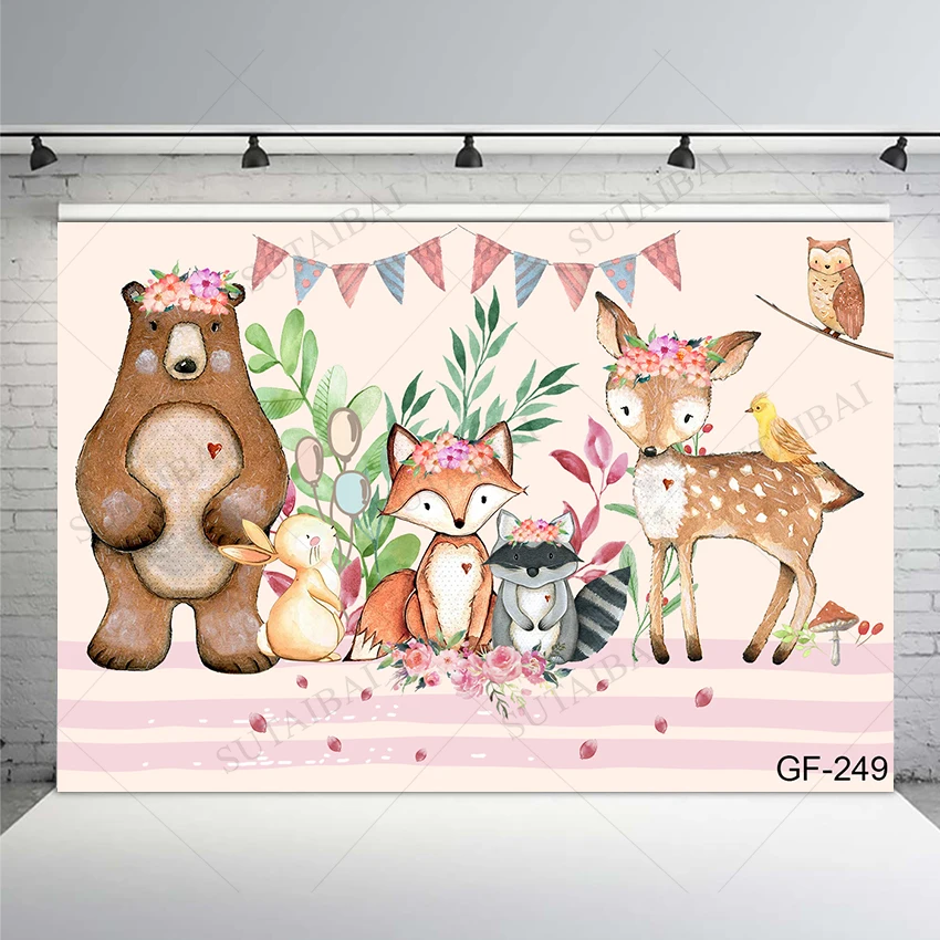 

Pink Theme Wild Animals Celebrations Background of Photography Cute Scene Rabbit Deer Children Happy Sweet Photo Vinyl Backdrops
