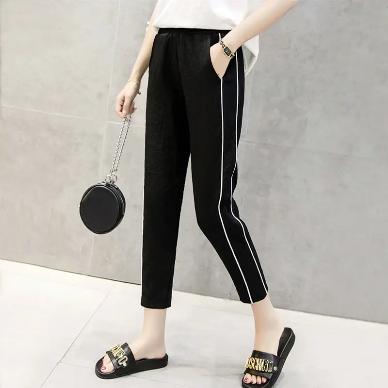 

Новинка 2023, летние тонкие спортивные брюки, женские укороченные универсальные летние повседневные брюки с эластичным поясом