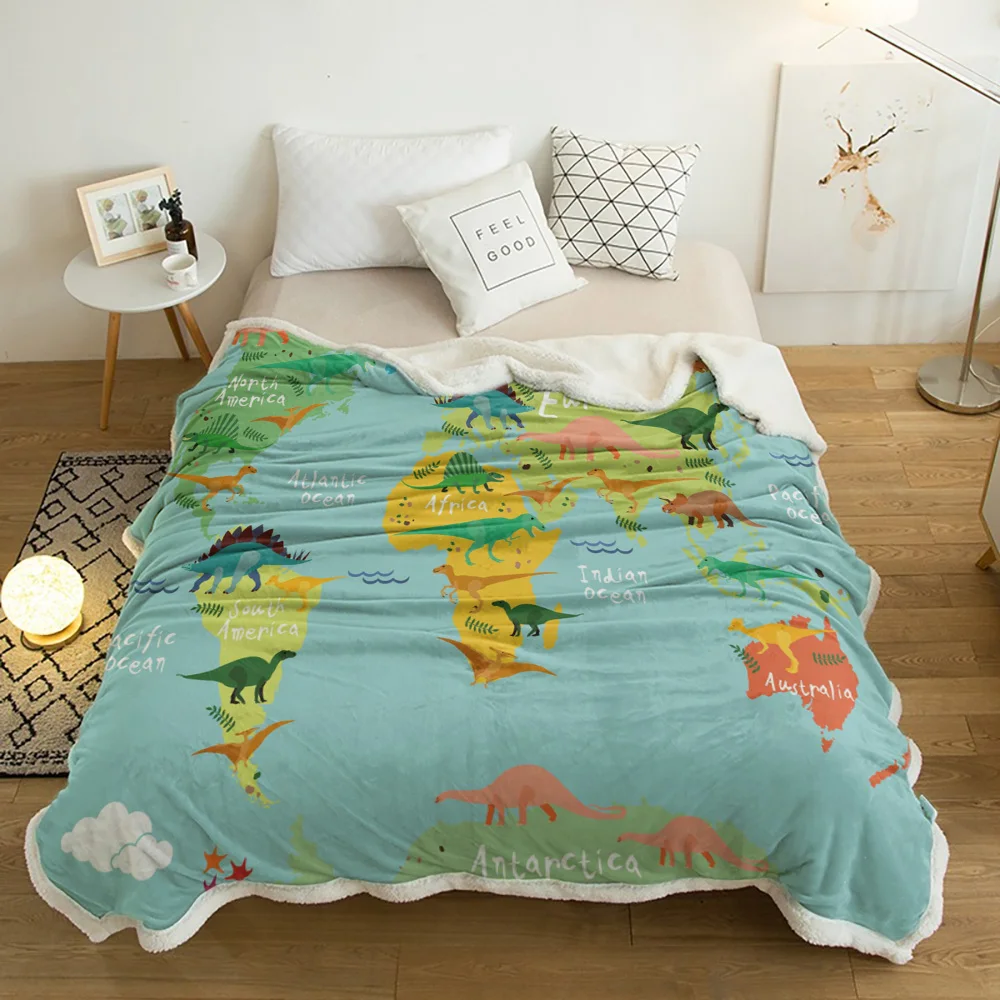 

Dinosaur World Map Children Cartoon Lamb Cashmere Fleece Blanket Home Bed Sofa Winter Sherpa Bedding Kids Thick Bedspread