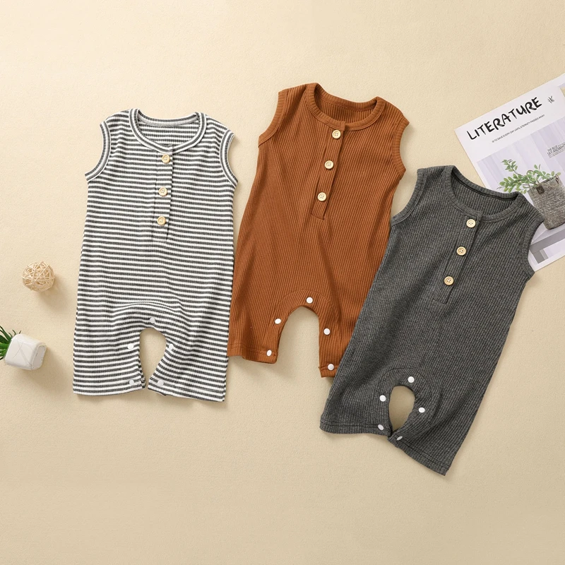 

Летний детский комбинезон без рукавов, однотонный/Полосатый ребристый комбинезон с круглым вырезом, Одежда для младенцев и малышей