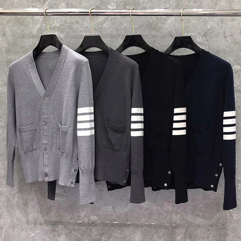 TB THOM Women's Sweater Winter Luxury Brand Men's Clothing Striped 4-Bar V-Neck Wool Knitted Slim Harajuku Streetwear Cardigan